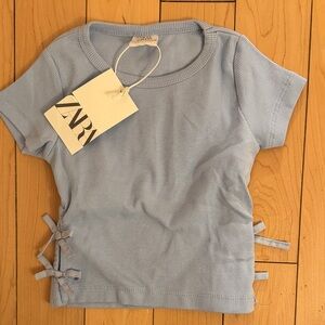 Zara Sky Blue Ribbed Tee with Side Bows
